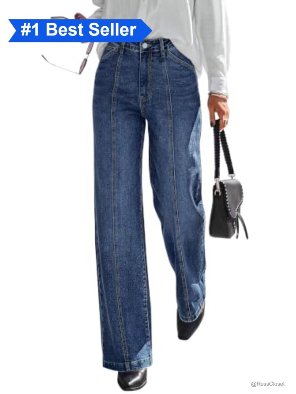 Women's Stretch Wide Straight Leg High Rise Jeans Front Seam